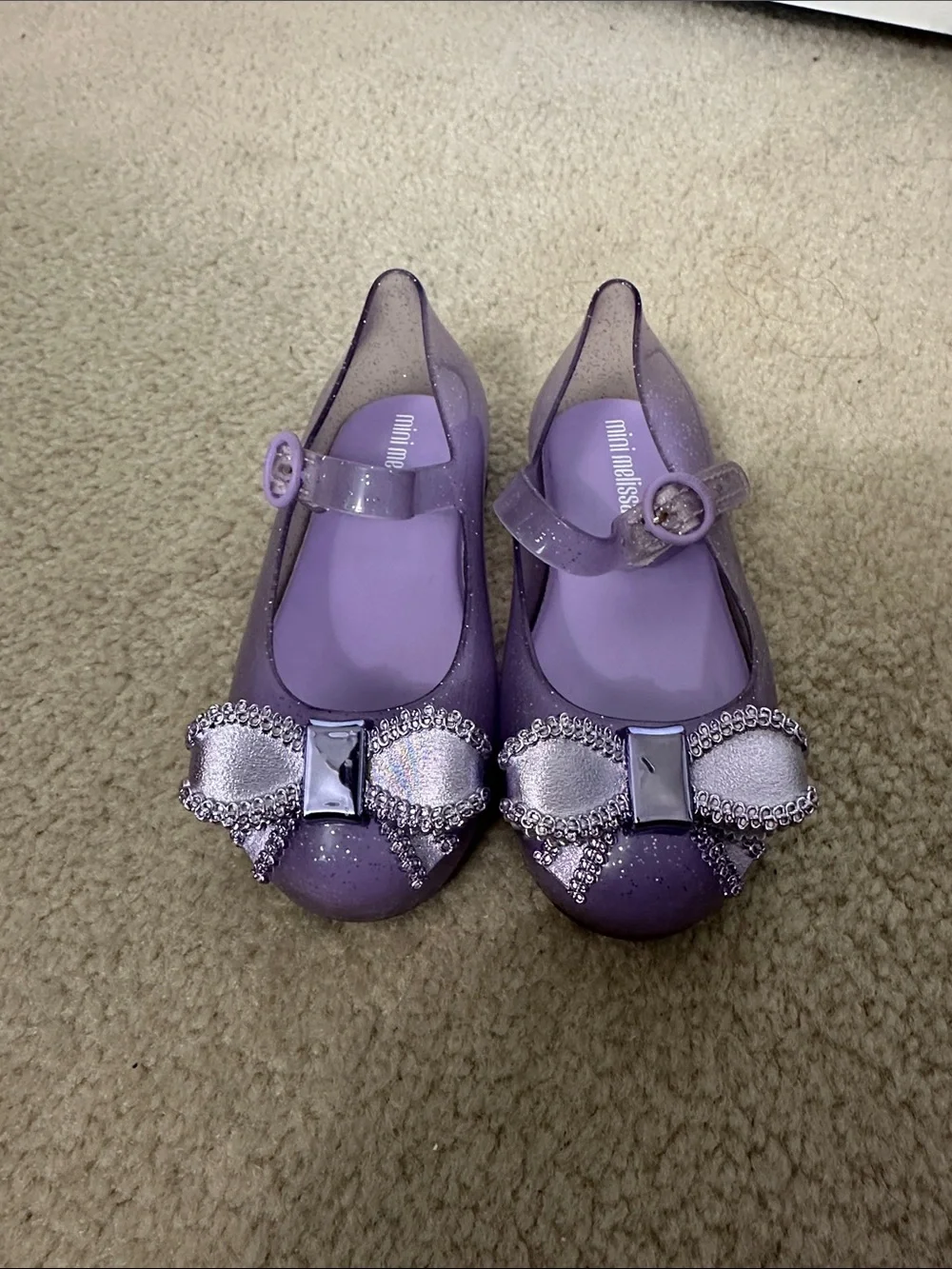 Mini Melissa Purple Glitter Jelly Mary Jane Shoes with Bow